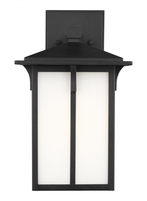 Generation Lighting Tomek modern 1-light outdoor exterior medium wall lantern sconce in black finish with etched white g