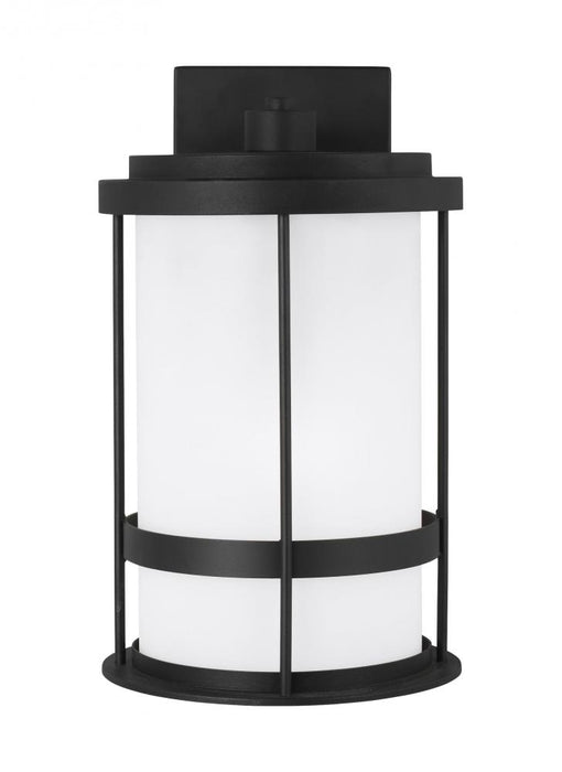 Generation Lighting Wilburn modern 1-light outdoor exterior medium wall lantern sconce in black finish with satin etched