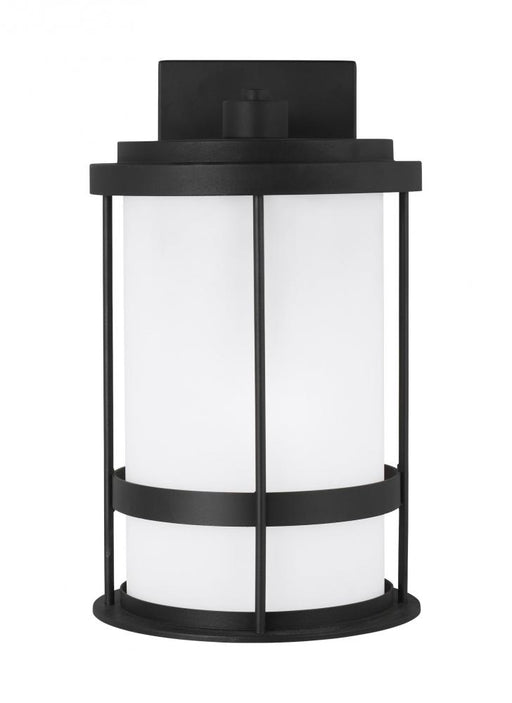 Generation Lighting Wilburn modern 1-light LED outdoor exterior medium wall lantern sconce in black finish with satin et
