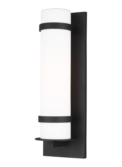 Generation Lighting Alban modern 1-light LED outdoor exterior large round wall lantern sconce in black finish with etche