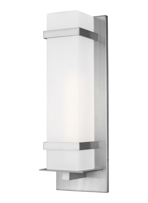 Generation Lighting Alban modern 1-light LED outdoor exterior large square wall lantern sconce in satin aluminum silver