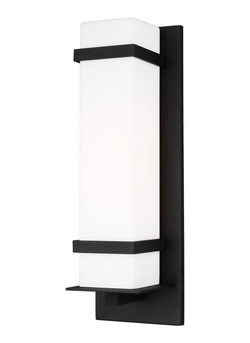 Generation Lighting Alban modern 1-light LED outdoor exterior large square wall lantern sconce in black finish with etch