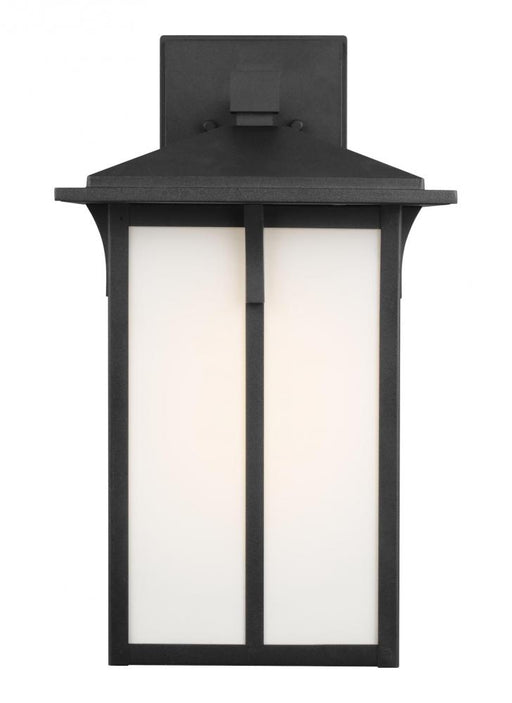 Generation Lighting Tomek modern 1-light outdoor exterior large wall lantern sconce in black finish with etched white gl