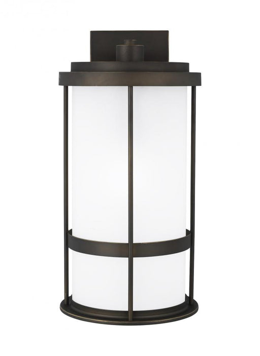 Generation Lighting Wilburn modern 1-light outdoor exterior large wall lantern sconce in antique bronze finish with sati