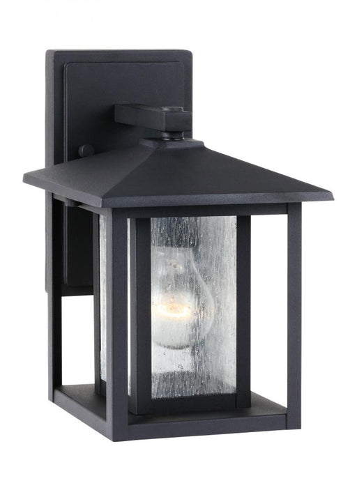 Generation Lighting Hunnington contemporary 1-light outdoor exterior small wall lantern in black finish with clear seede