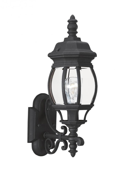 Generation Lighting Wynfield traditional 1-light outdoor exterior wall lantern sconce uplight in black finish with clear