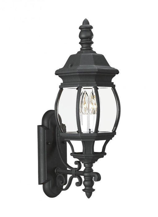 Generation Lighting Wynfield traditional 2-light outdoor exterior wall lantern sconce in black finish with clear beveled