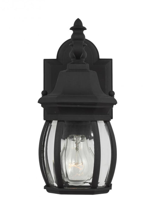 Generation Lighting Wynfield traditional 1-light outdoor exterior small wall lantern sconce in black finish with clear b