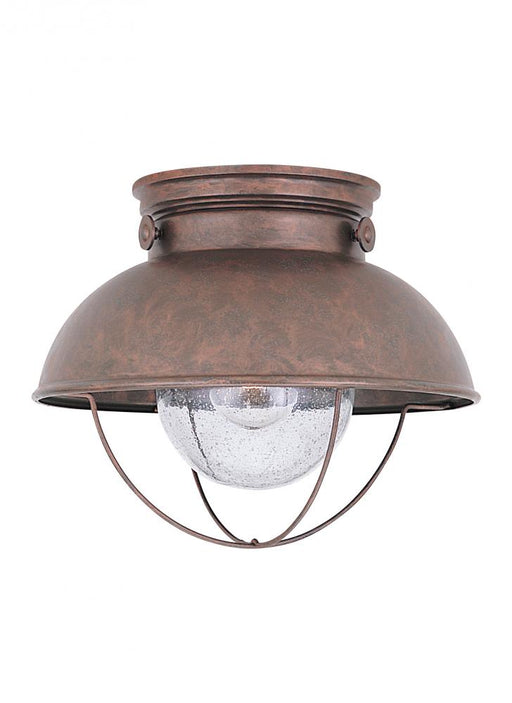 Generation Lighting Sebring transitional 1-light outdoor exterior ceiling flush mount in weathered copper finish with cl