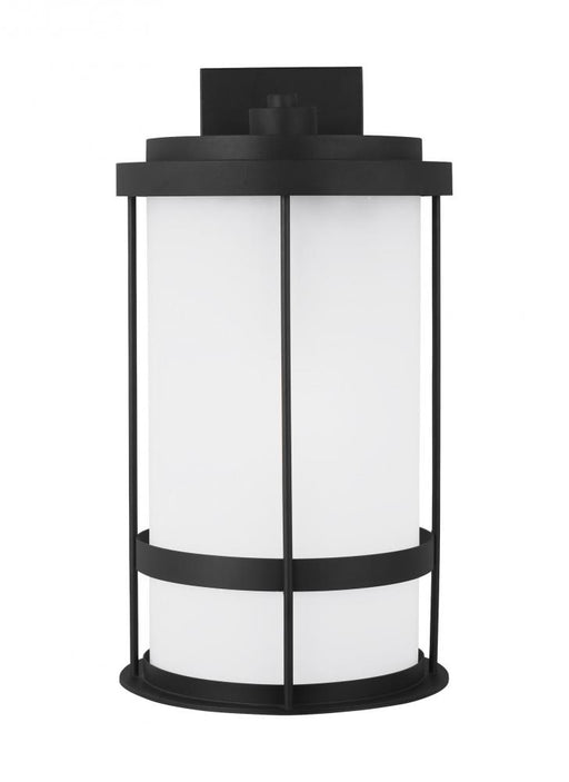 Generation Lighting Wilburn modern 1-light LED outdoor exterior extra large wall lantern sconce in black finish with sat