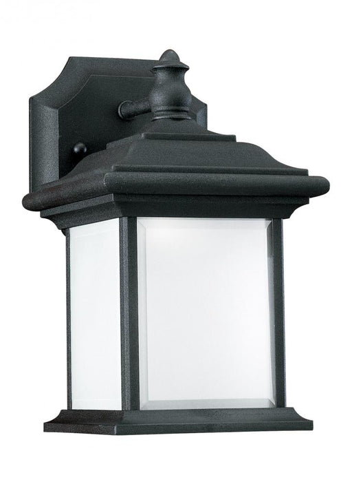 Generation Lighting Wynfield traditional 1-light outdoor exterior wall lantern sconce in black finish with frosted glass
