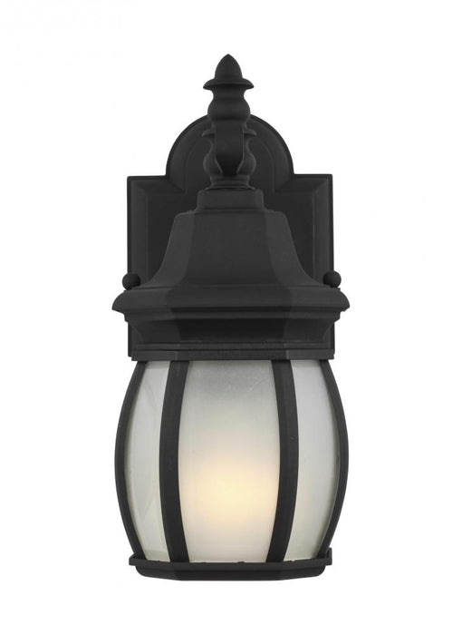 Generation Lighting Wynfield traditional 1-light outdoor exterior small wall lantern sconce in black finish with frosted