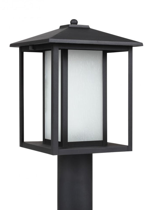 Generation Lighting Hunnington contemporary 1-light outdoor exterior post lantern in black finish with etched seeded gla