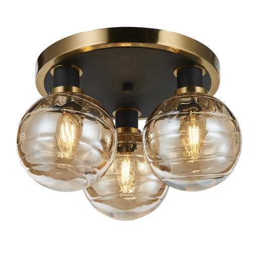 Artcraft Gem Collection 3-Light Semi-Flush Mount with Amber Glass Black and Brushed Brass