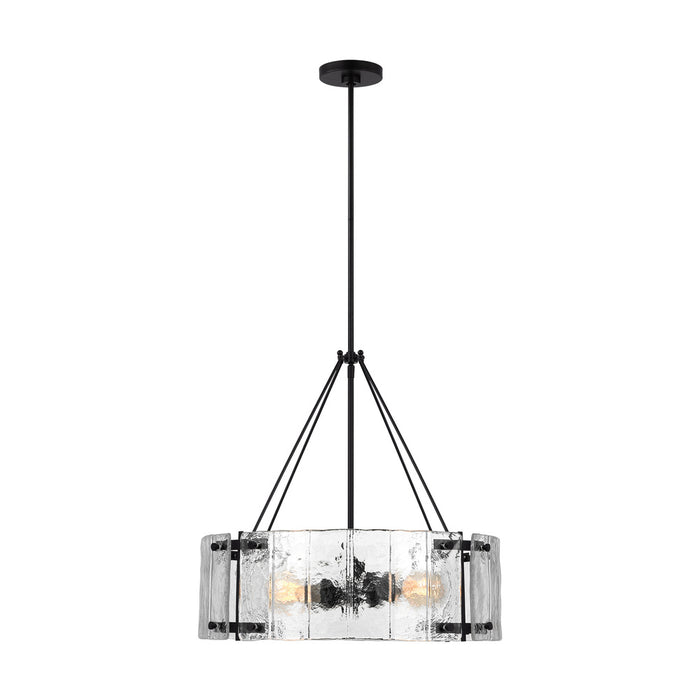 Visual Comfort & Co. Studio Collection Calvert transitional 4-light indoor dimmable medium ceiling chandelier in aged iron finish with clea