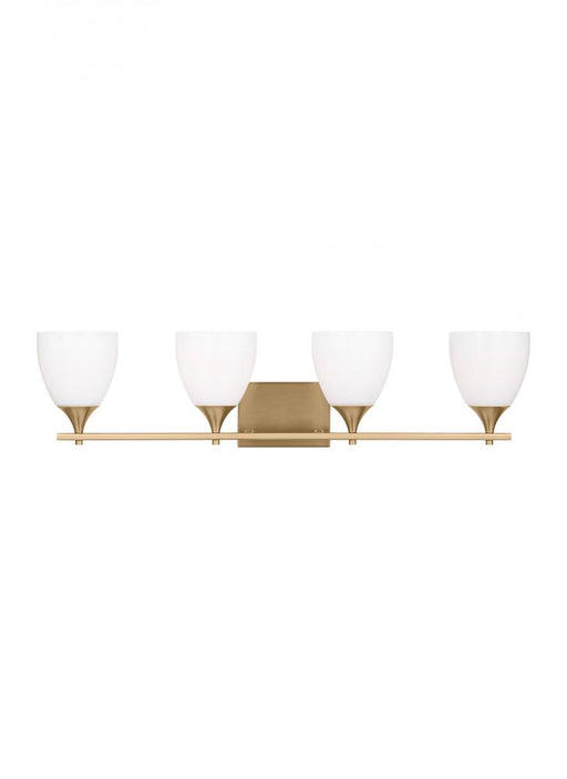 Visual Comfort & Co. Studio Collection Toffino Modern 4-Light Bath Vanity Wall Sconce in Satin Brass Gold Finish With Milk Glass Shades