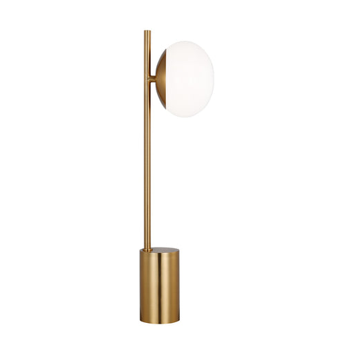 Visual Comfort & Co. Studio Collection Lune mid-century indoor dimmable 1-light table lamp in a burnished brass finish with a milk white gl