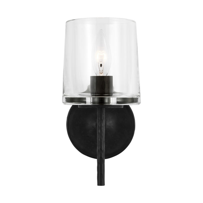 Visual Comfort & Co. Studio Collection Marietta industrial indoor dimmable 1-light wall sconce in an aged iron finish with a clear glass sh