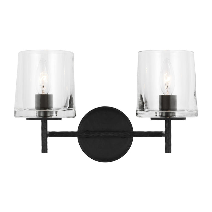 Visual Comfort & Co. Studio Collection Marietta industrial indoor dimmable 2-light vanity in an aged iron finish with a clear glass shade