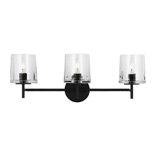 Visual Comfort & Co. Studio Collection Marietta industrial indoor dimmable 3-light vanity in an aged iron finish with a clear glass shade