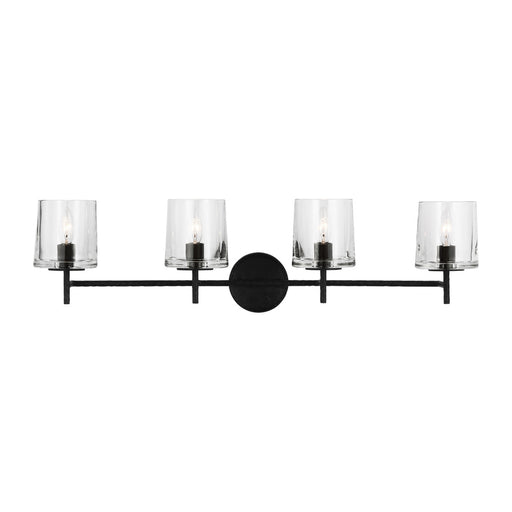Visual Comfort & Co. Studio Collection Marietta industrial indoor dimmable 4-light vanity in an aged iron finish with a clear glass shade