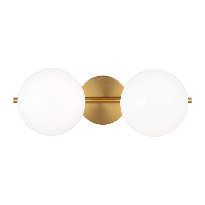 Visual Comfort & Co. Studio Collection Lune mid-century indoor dimmable 2-light vanity in a burnished brass finish with a milk white glass