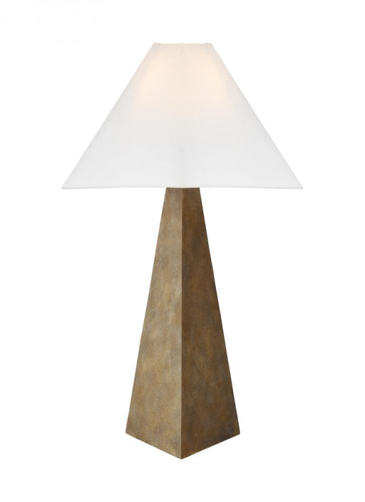 Visual Comfort & Co. Studio Collection Herrero modern 1-light LED large table lamp in antique gild rustic gold finish with white linen fabr