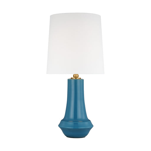 Visual Comfort & Co. Studio Collection Jenna contemporary 1-light LED medium table lamp in lucent aqua finish with white linen fabric shade