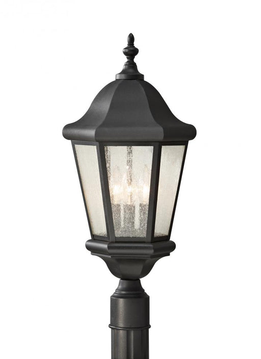 Generation Lighting Martinsville traditional 3-light LED outdoor exterior post lantern in black finish with clear seeded