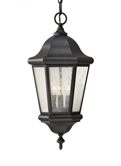 Generation Lighting Martinsville traditional 3-light outdoor exterior pendant lantern in black finish with clear seeded