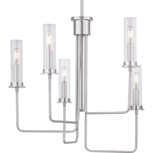 Progress Rainey Collection Five-Light Brushed Nickel Clear Fluted Ribbed Glass Modern Chandelier Light