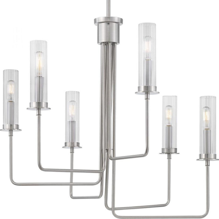 Progress Rainey Collection Six-Light Brushed Nickel Clear Fluted Ribbed Glass Modern Chandelier Light