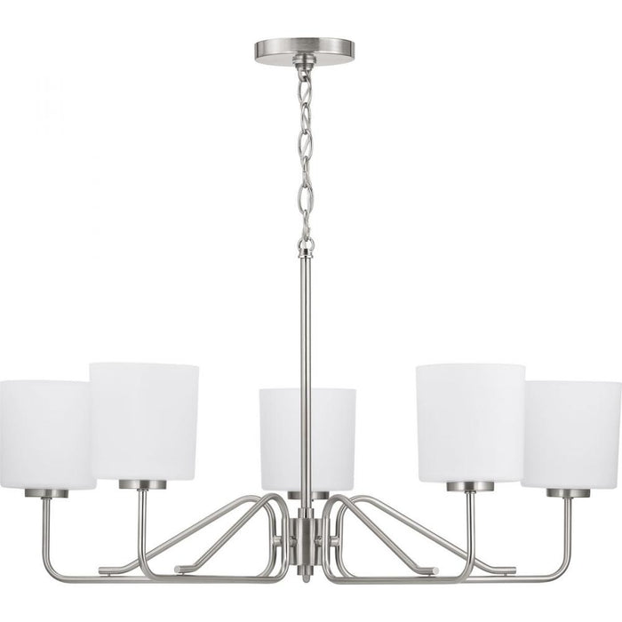 Progress Tobin Collection Five-Light Brushed Nickel Etched White Glass Modern Chandelier Light