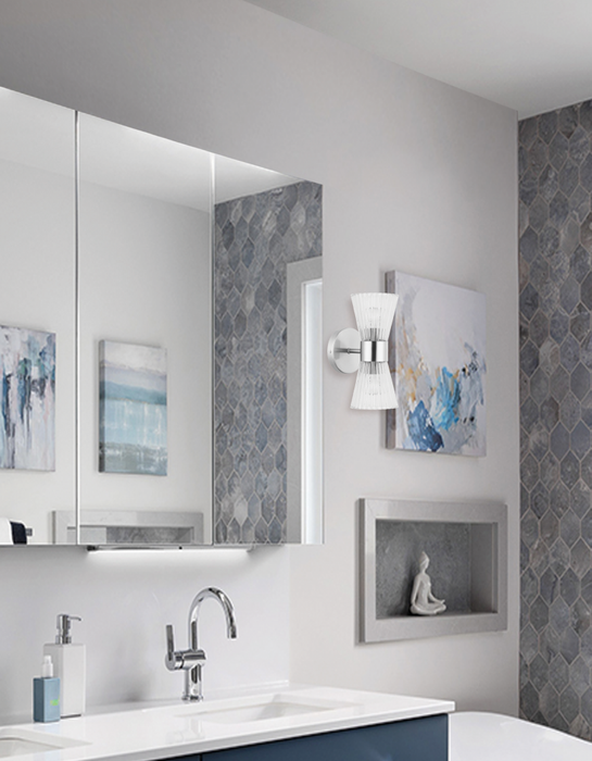  2 Light  Wall Sconce, Pc With Clr Ribbed Glass | VIE-112W-PC