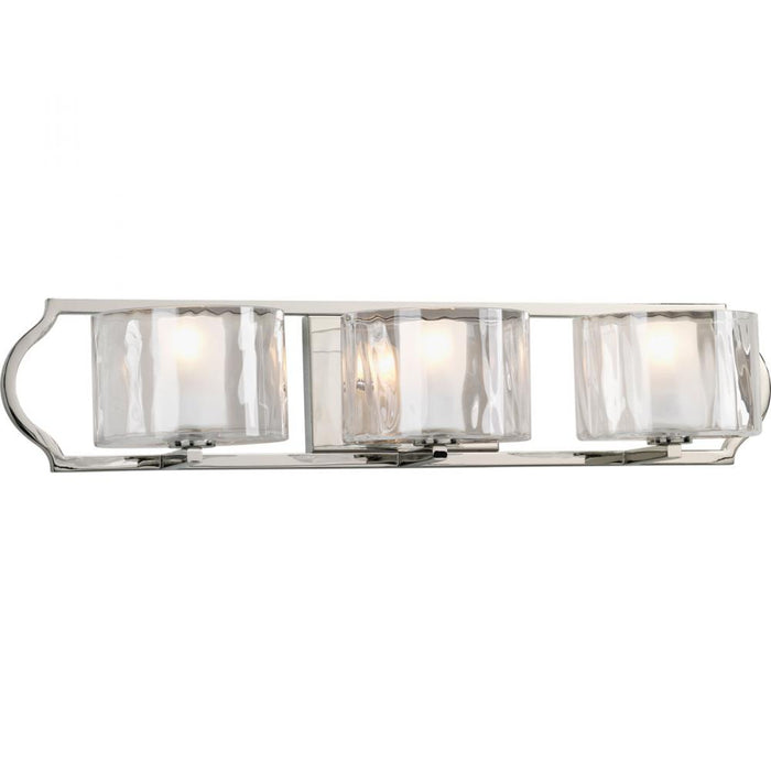 Progress Caress Collection Three-Light Polished Nickel Clear Water Glass Luxe Bath Vanity Light