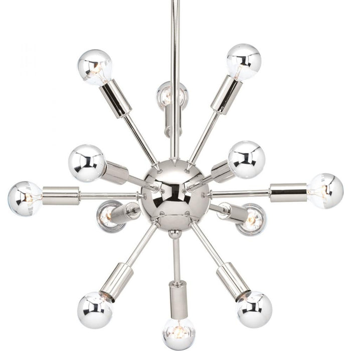 Progress Ion Collection Twelve-Light Polished Nickel Mid-Century Modern Chandelier Light