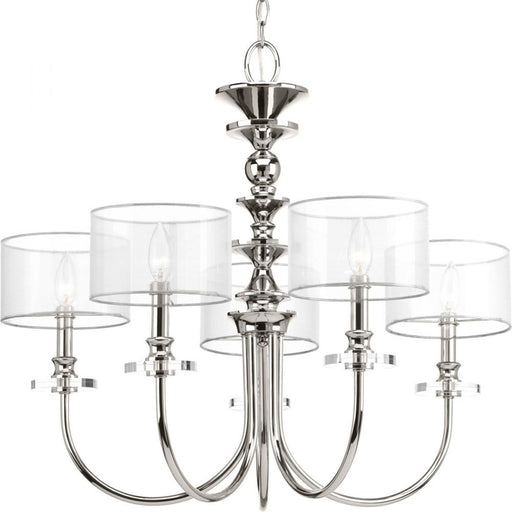 Progress Marche Collection Five-Light Polished Nickel Grey Mylar Shade Luxe Chandelier Light