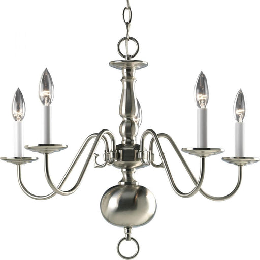 Progress Americana Collection Five-Light Brushed Nickel White Candle Traditional Chandelier Light