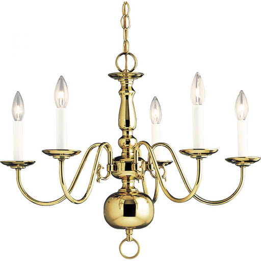 Progress Americana Collection Five-Light Polished Brass White Candle Traditional Chandelier Light