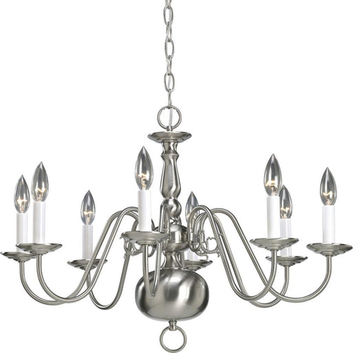 Progress Americana Collection Eight-Light Brushed Nickel White Candle Traditional Chandelier Light