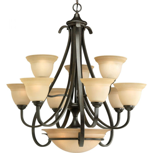 Progress Torino Collection Nine-Light Forged Bronze Tea-Stained Glass Transitional Chandelier Light