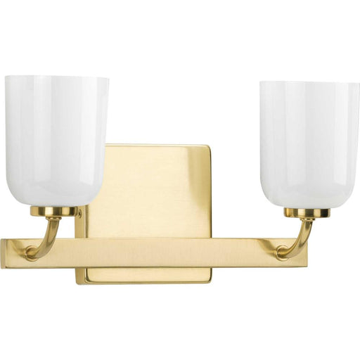 Progress Moore Collection Two-Light Satin Brass White Opal Glass Luxe Bath Vanity Light