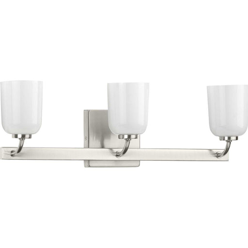Progress Moore Collection Three-Light Brushed Nickel White Opal Glass Luxe Bath Vanity Light