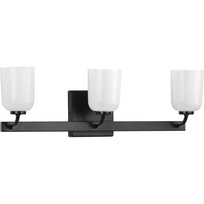 Progress Moore Collection Three-Light Matte Black White Opal Glass Luxe Bath Vanity Light