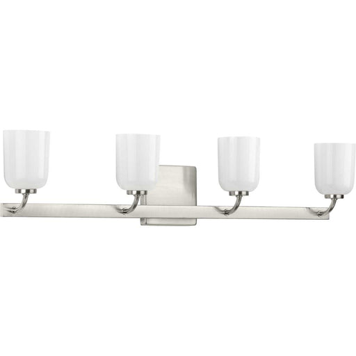 Progress Moore Collection Four-Light Brushed Nickel White Opal Glass Luxe Bath Vanity Light