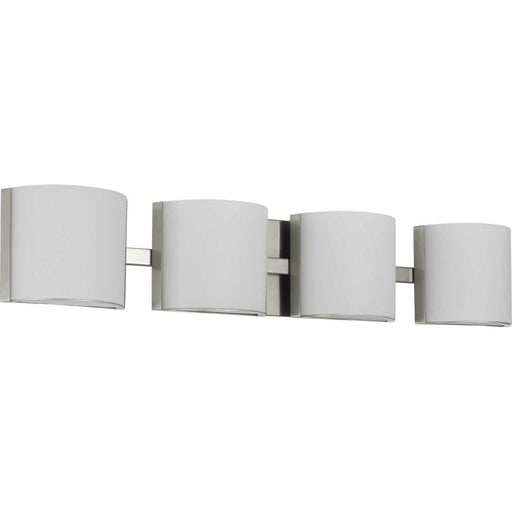Progress Arch LED Collection Four-Light Brushed Nickel Etched Glass Modern Bath Vanity Light